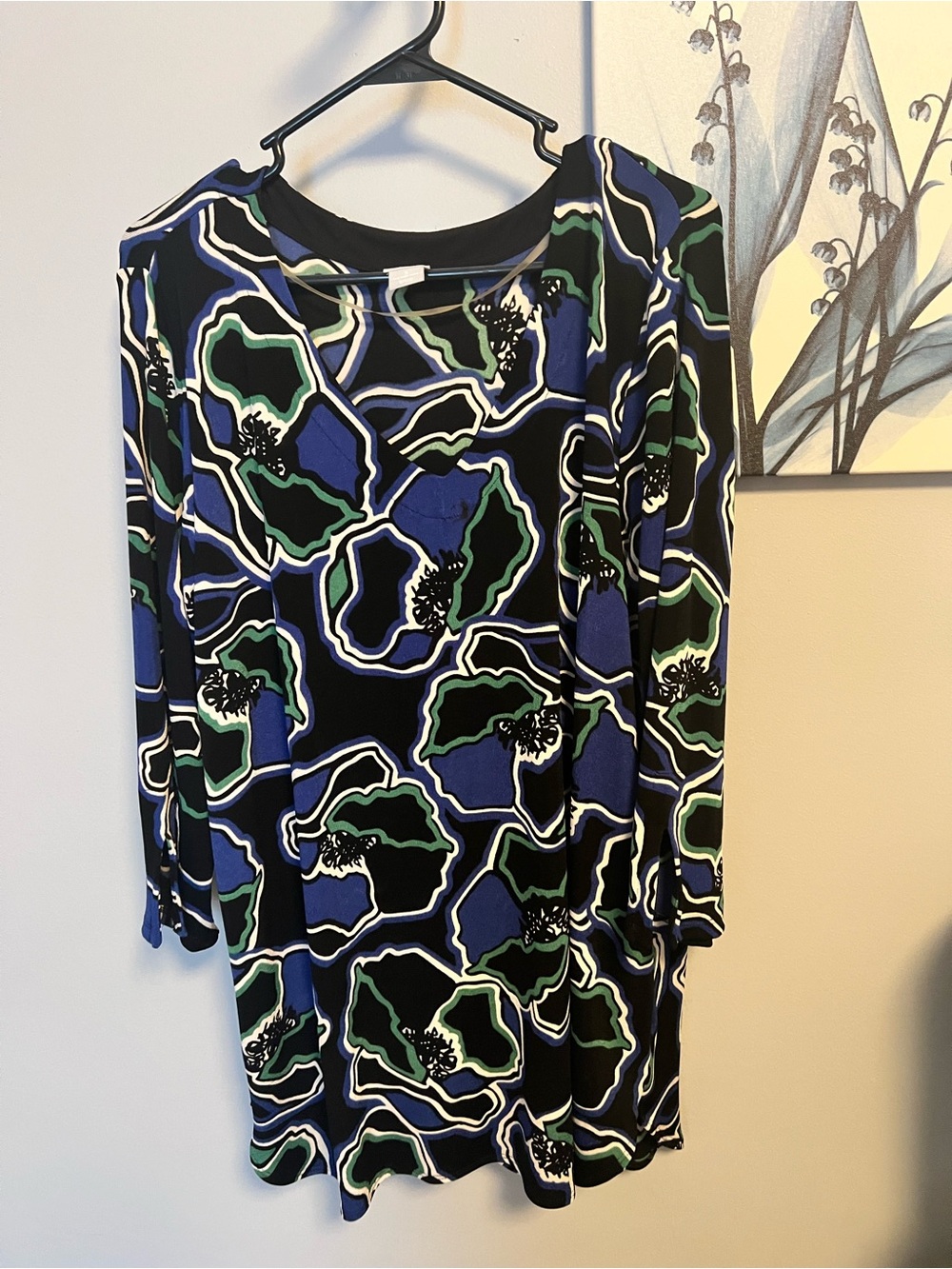 Chico's Black, Blue & Green Abstract Floral Long Sleeve tunic top
